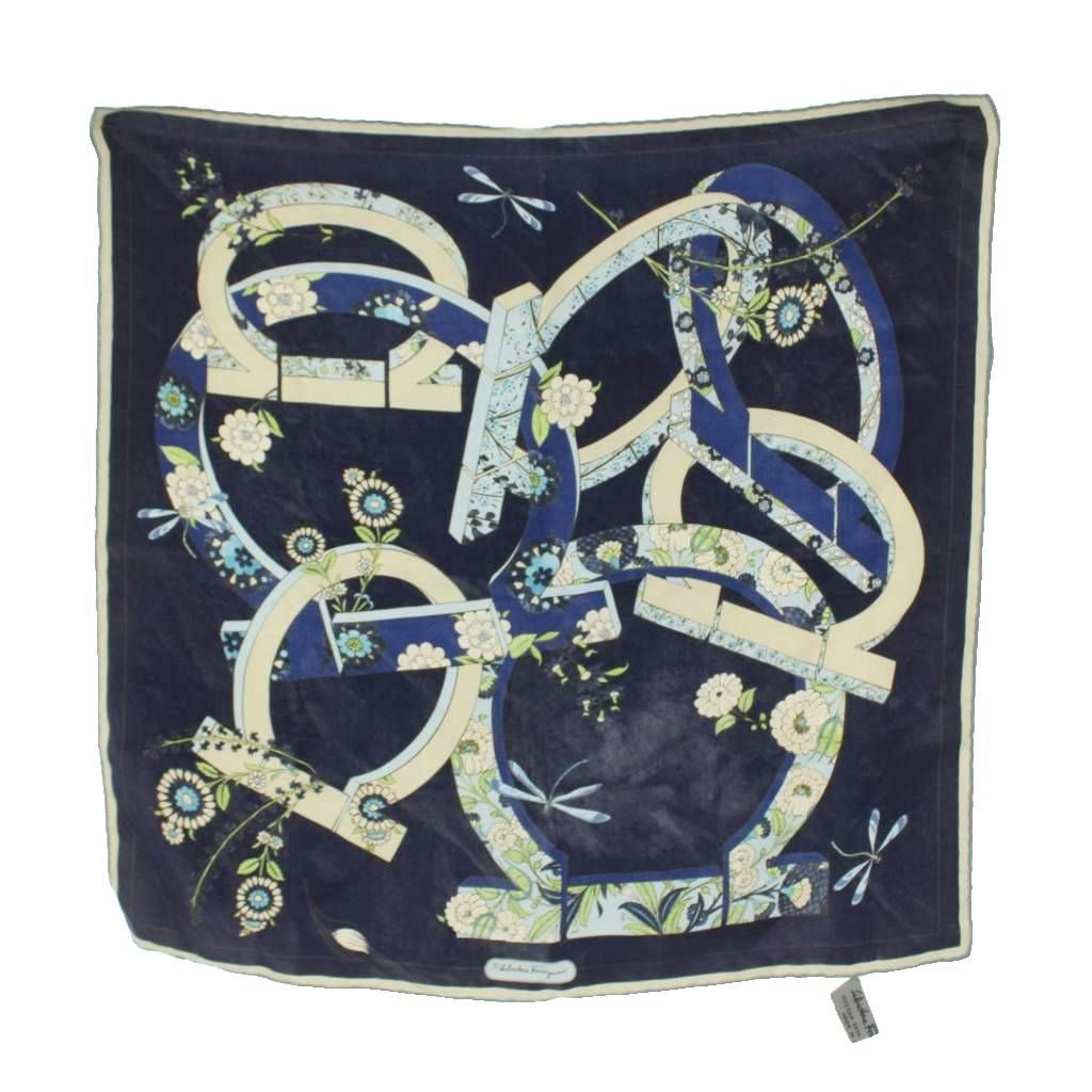サルヴァトーレフェラガモ Salvatore Ferragamo スカーフ 花柄 シルク 絹 紺 ネイビー 白 ホワイト /AN ■GY18 ■OH