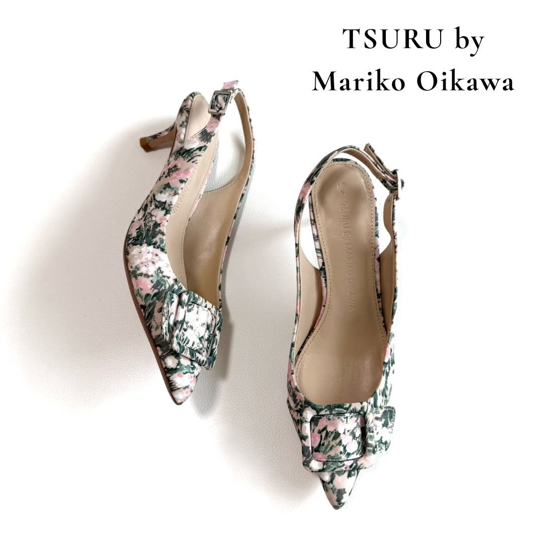 ◆美品◆ TSURU by Mariko Oikawa フラワープリント バックル ミュール パンプス ポインテッドトゥ スリングバック 花柄 ボタニカル 35 ツルバイマリコオイカワ A142