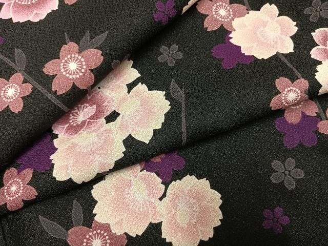 平和屋着物●小紋　枝花文　黒地　洗える着物　AABJ4458fy