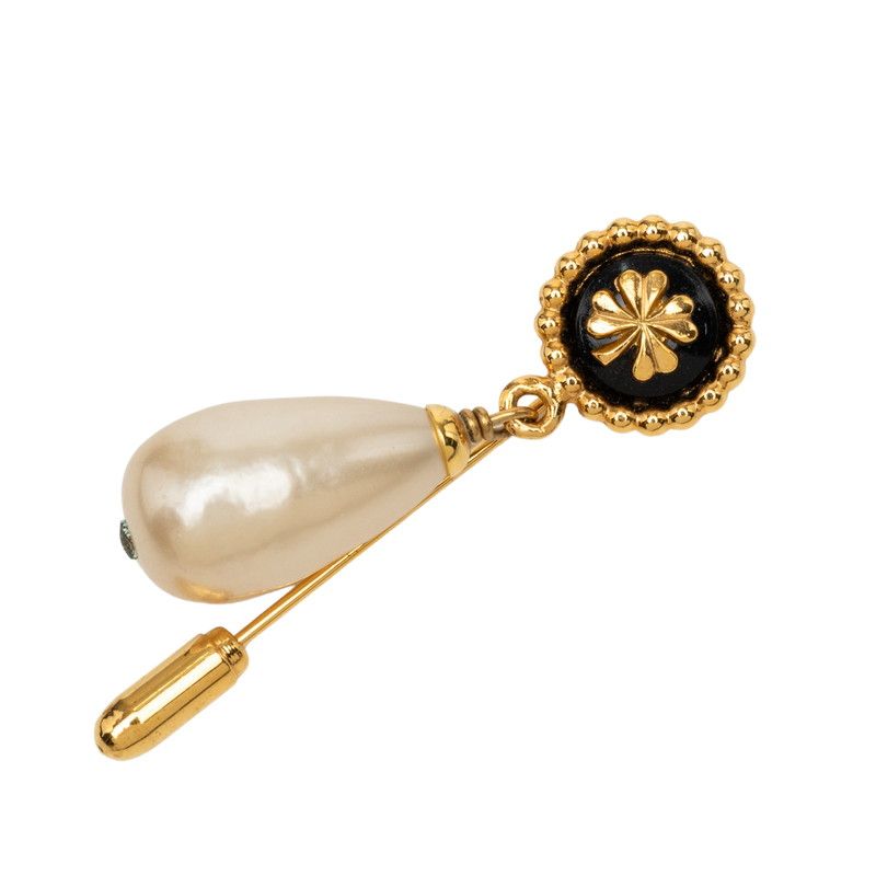 シャネル クローバー モチーフ ピンブローチ 93P ゴールド ブラック メッキ フェイクパール レディース CHANEL【1-0283329】