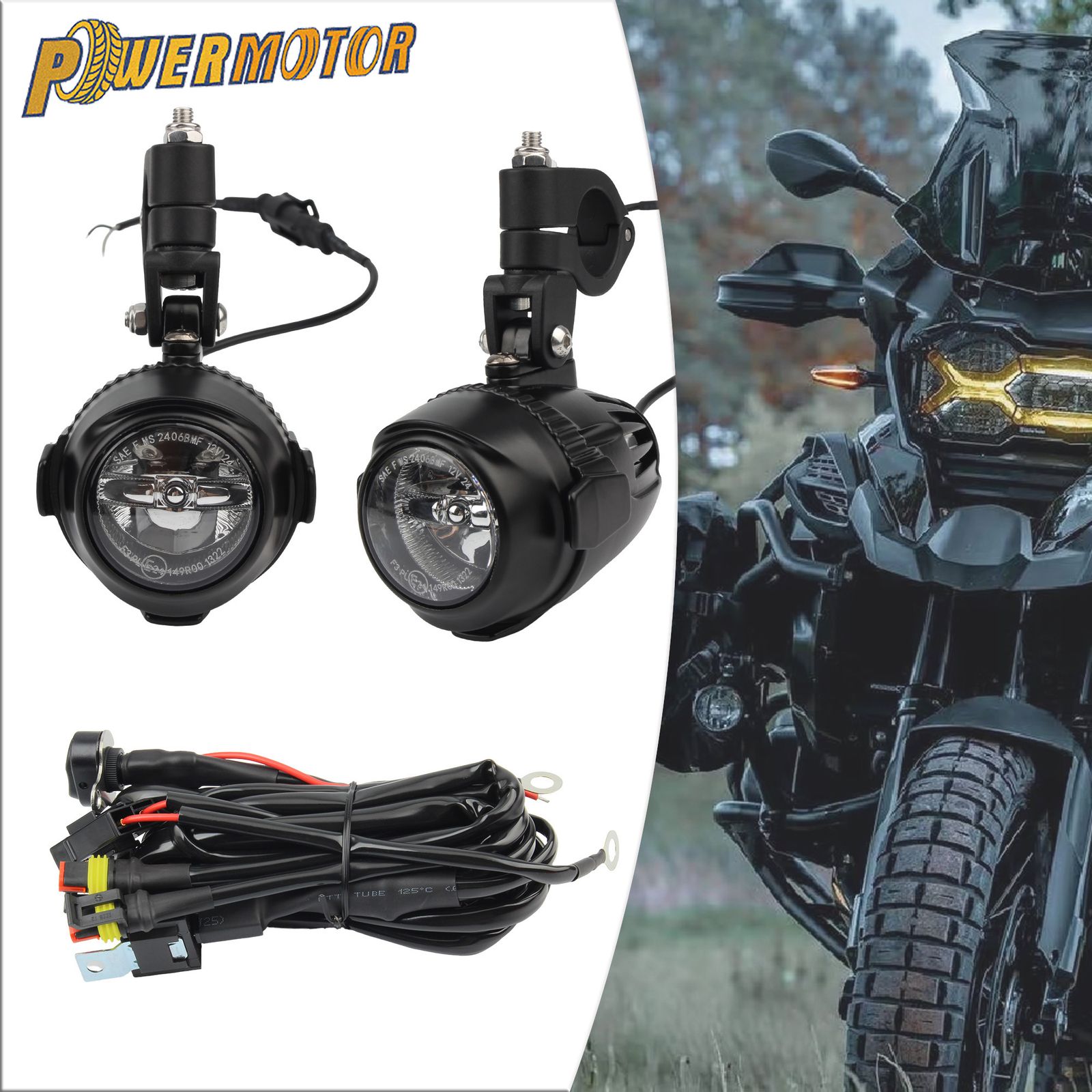 PowerMotor BMW R1200GS アドベンチャー F800GS F700GS F650 K1600対応 E24 LED補助フォグランプ配線 25.5mm・39mmブラケット付き