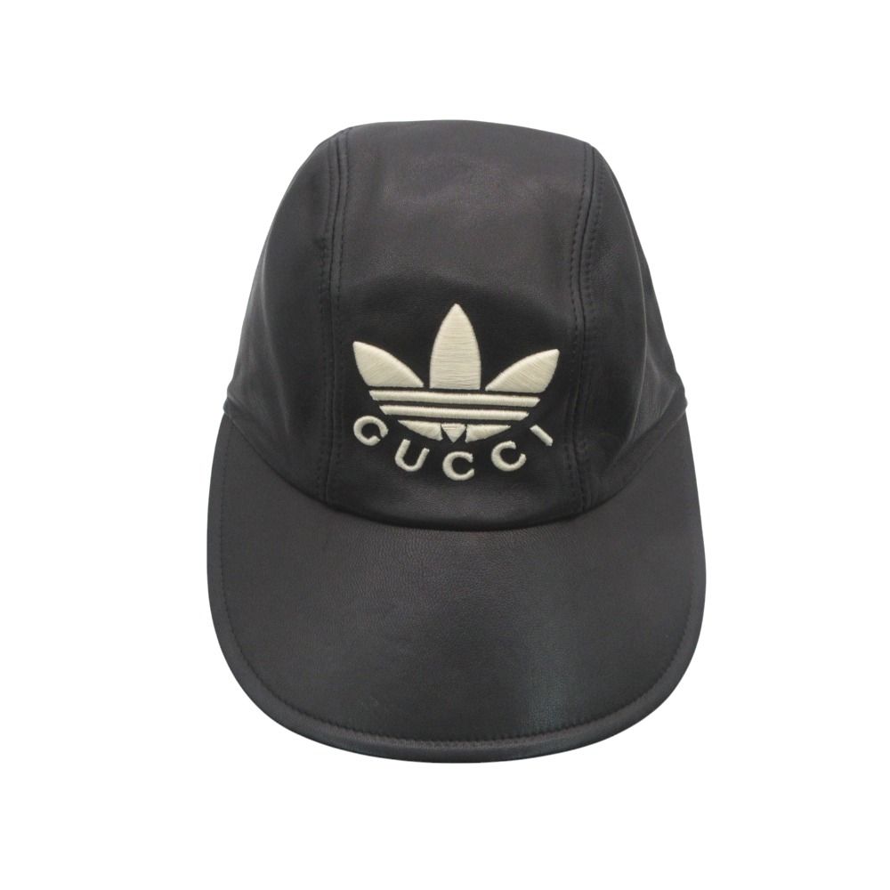 GUCCI グッチ ADIDAS グッチ アディダス キャップ レザー トレフォイルロゴ ベースボール 帽子 裏地ロゴ イタリア製 ブラック S 56cm レディース 【中古】
