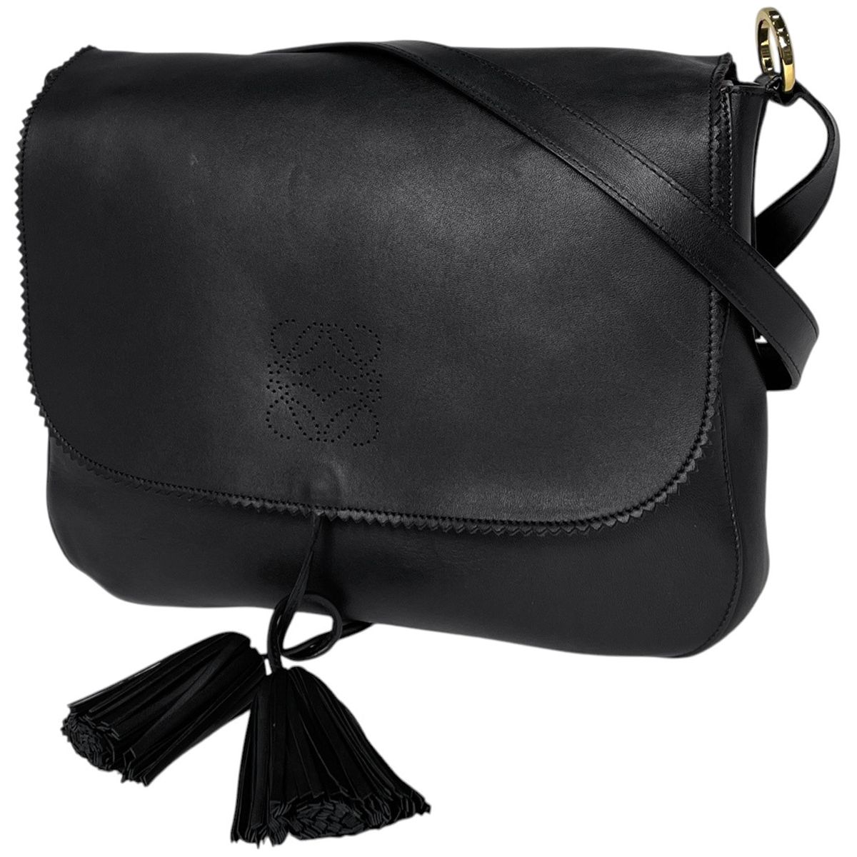 ロエベ LOEWE ショルダーバッグ アナグラム フリンジ レザー ブラック レディース 【中古】