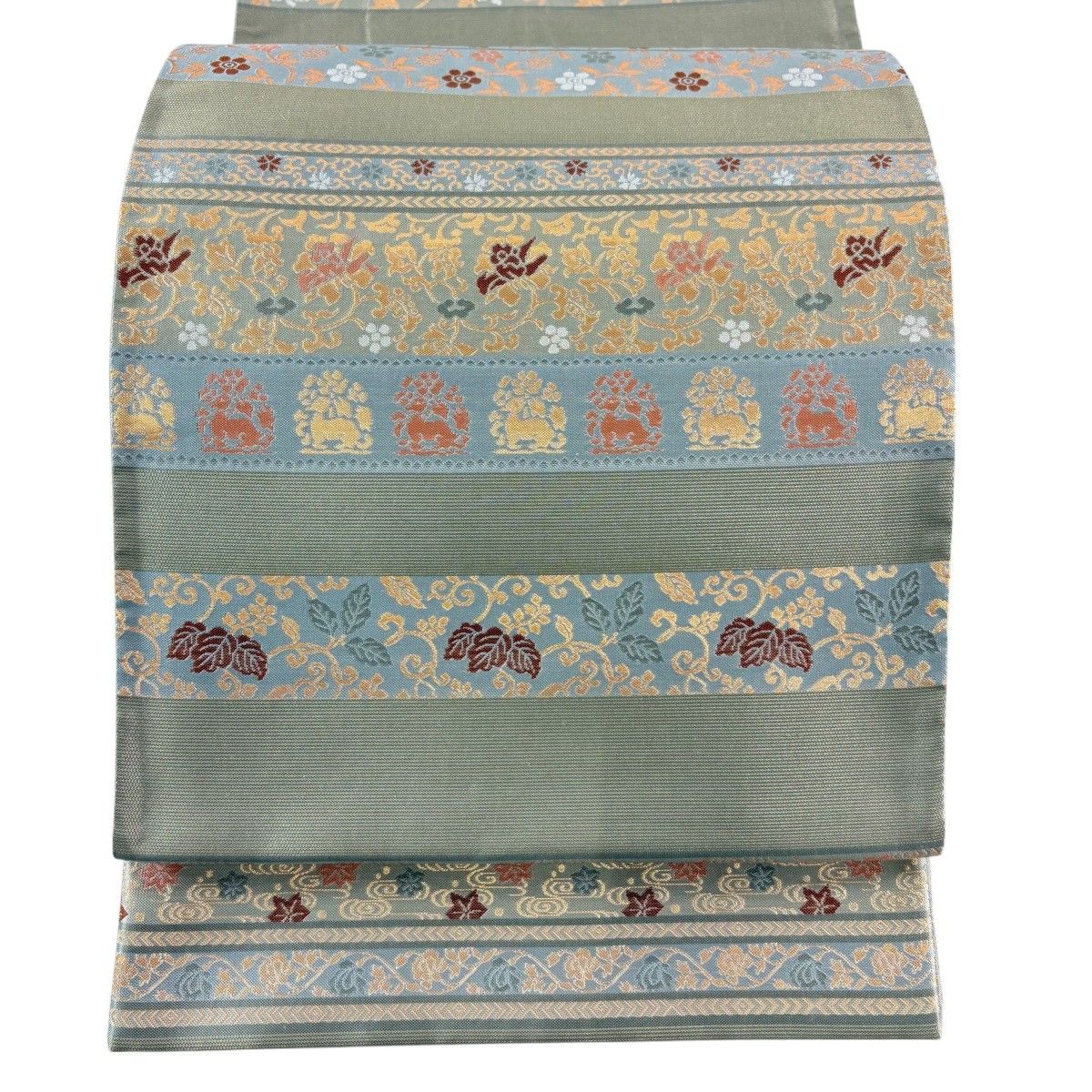 【美品】 袋帯 名品 横段 花唐草 箔 金通し 灰色 六通 正絹 【中古】