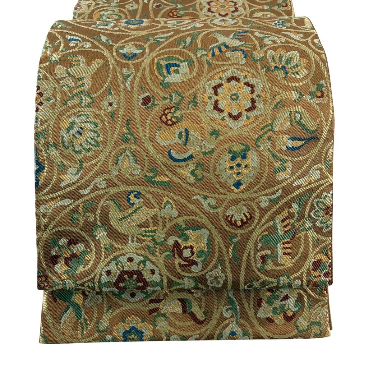 【美品】 袋帯 名品 川島織物 落款 華文 花唐草 箔 薄茶色 六通 正絹 【中古】