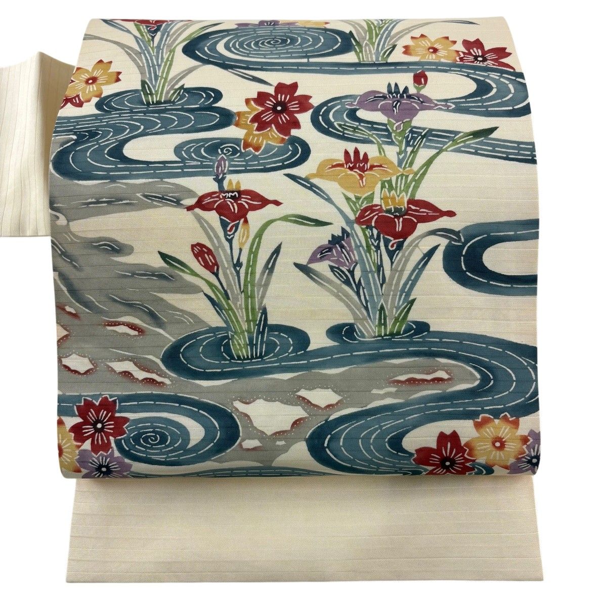 名古屋帯 名品 夏帯 絽 菖蒲 流水 ベージュ 正絹 【中古】