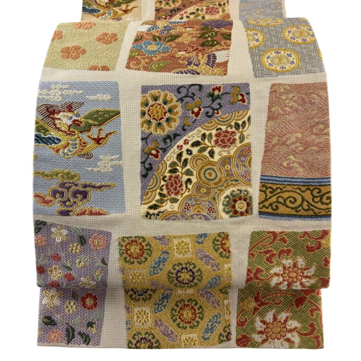 【美品】 袋帯 名品 花唐草 龍 金銀糸 箔 ベージュ 六通 正絹 【中古】