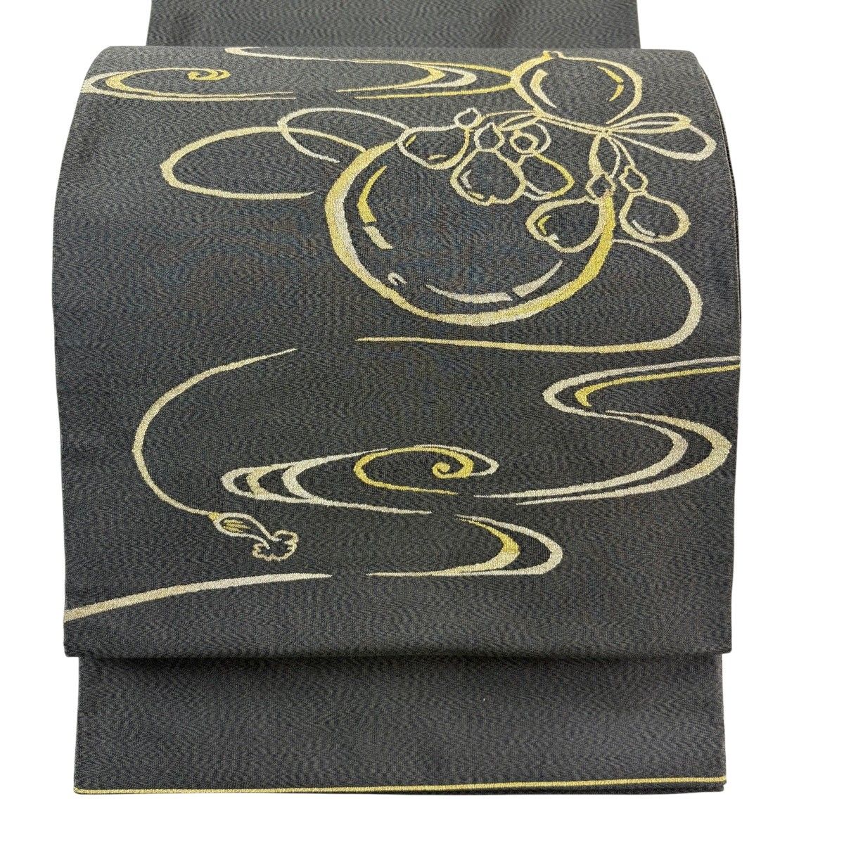 【美品】 袋帯 名品 瓢箪 流水 金糸 黒灰 お太鼓柄 正絹 【中古】
