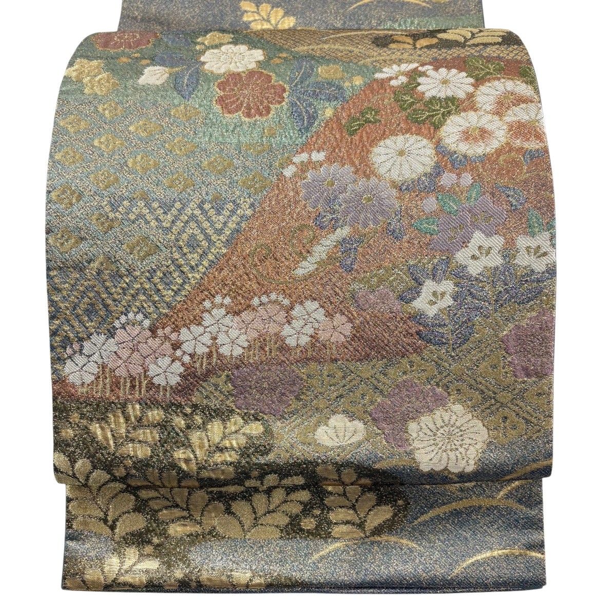 【美品】 袋帯 名品 草花 霞 金糸 箔 灰緑 六通 正絹 【中古】