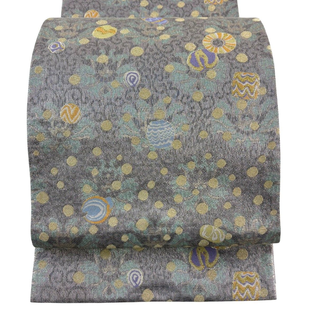 【美品】 袋帯 名品 幾何学 箔 金銀糸 灰紫 六通 正絹 【中古】