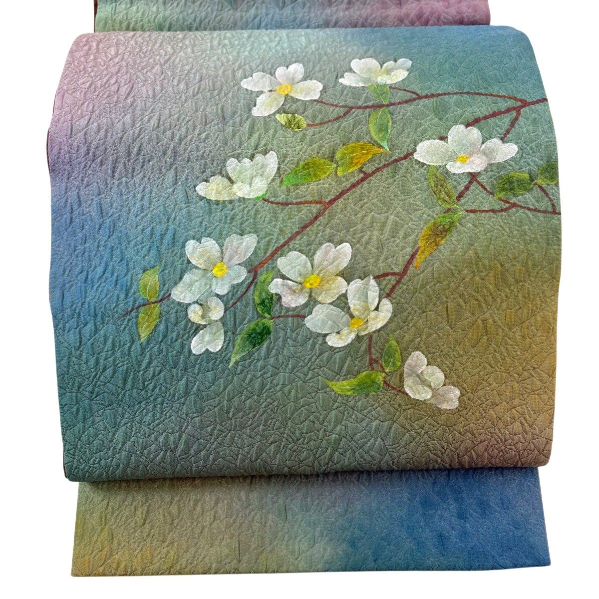 【美品】 袋帯 名品 落款 枝花 和紙 ぼかし 灰緑 お太鼓柄 正絹 【中古】