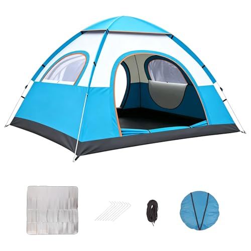 テント ワンタッチテント 3?5人用 200x200x135cm 簡単設営5秒 UVカット99% 防水 ポップアップテント 軽量 遮熱 防虫 通気 UPF50+ コンパクト ピックニックマット・ペグ・ロープ付き アウトドア 防災 登山 釣り キャンプ お花見e
