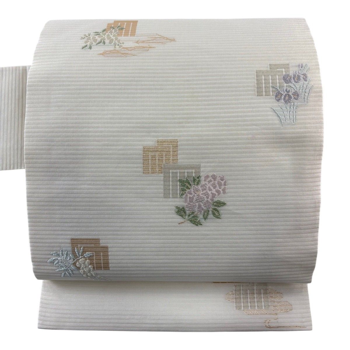名古屋帯 名品 夏帯 草花 源氏香 箔 銀糸 クリーム 正絹 【中古】