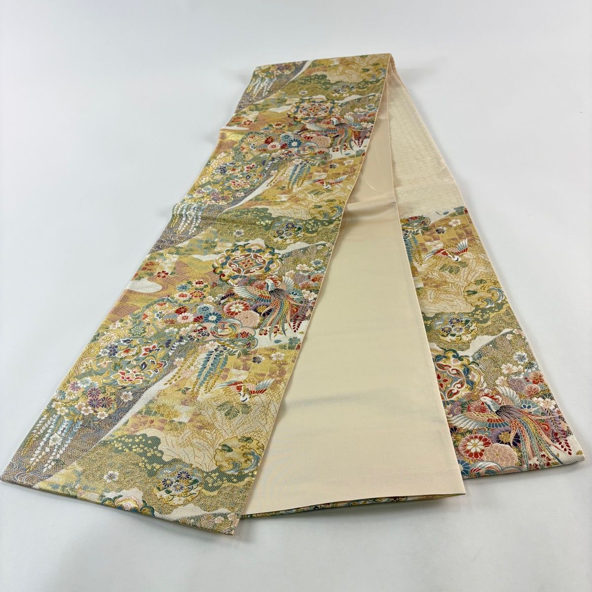 袋帯 名品 華文 鳳凰 金糸 箔 ベージュ 六通 正絹 【中古】