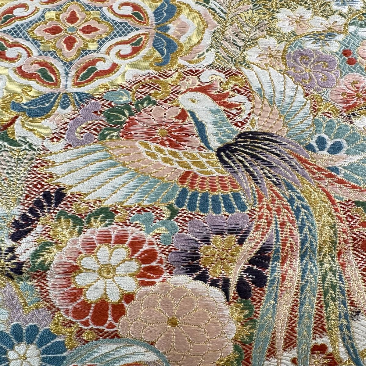 袋帯 名品 華文 鳳凰 金糸 箔 ベージュ 六通 正絹 【中古】