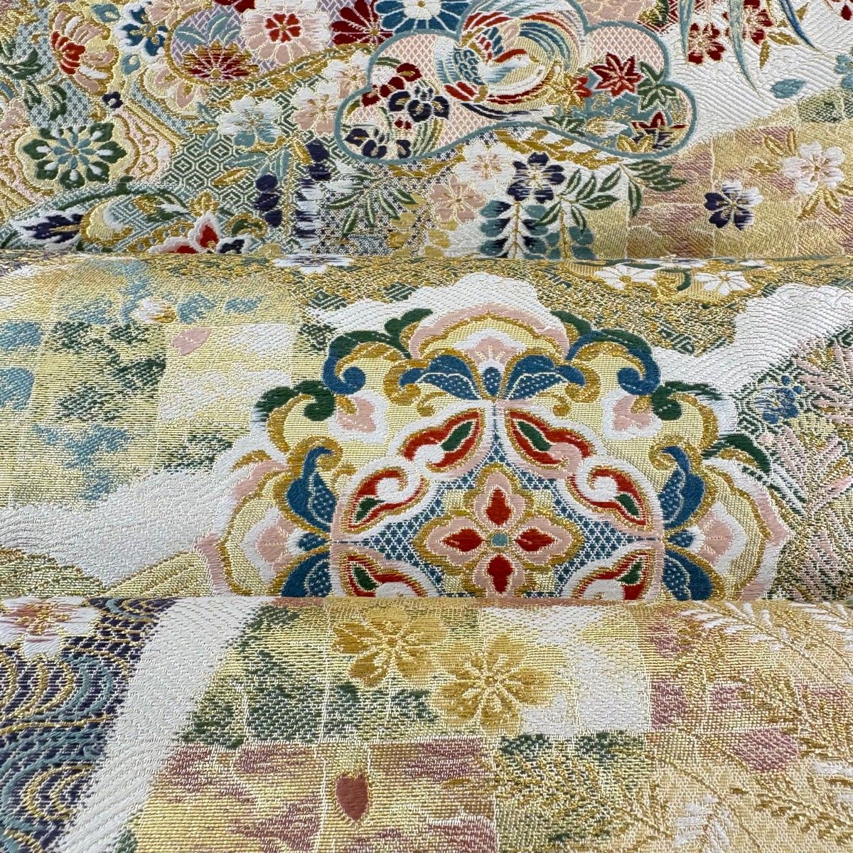 袋帯 名品 華文 鳳凰 金糸 箔 ベージュ 六通 正絹 【中古】