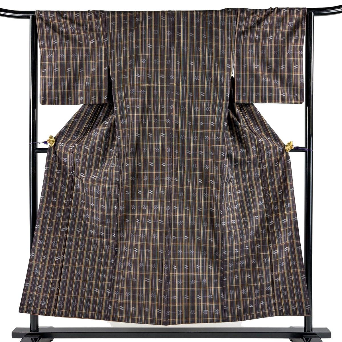 紬 身丈151.5cm 裄丈63.5cm S 袷 縞 幾何学 濃紫 正絹 名品 【中古】