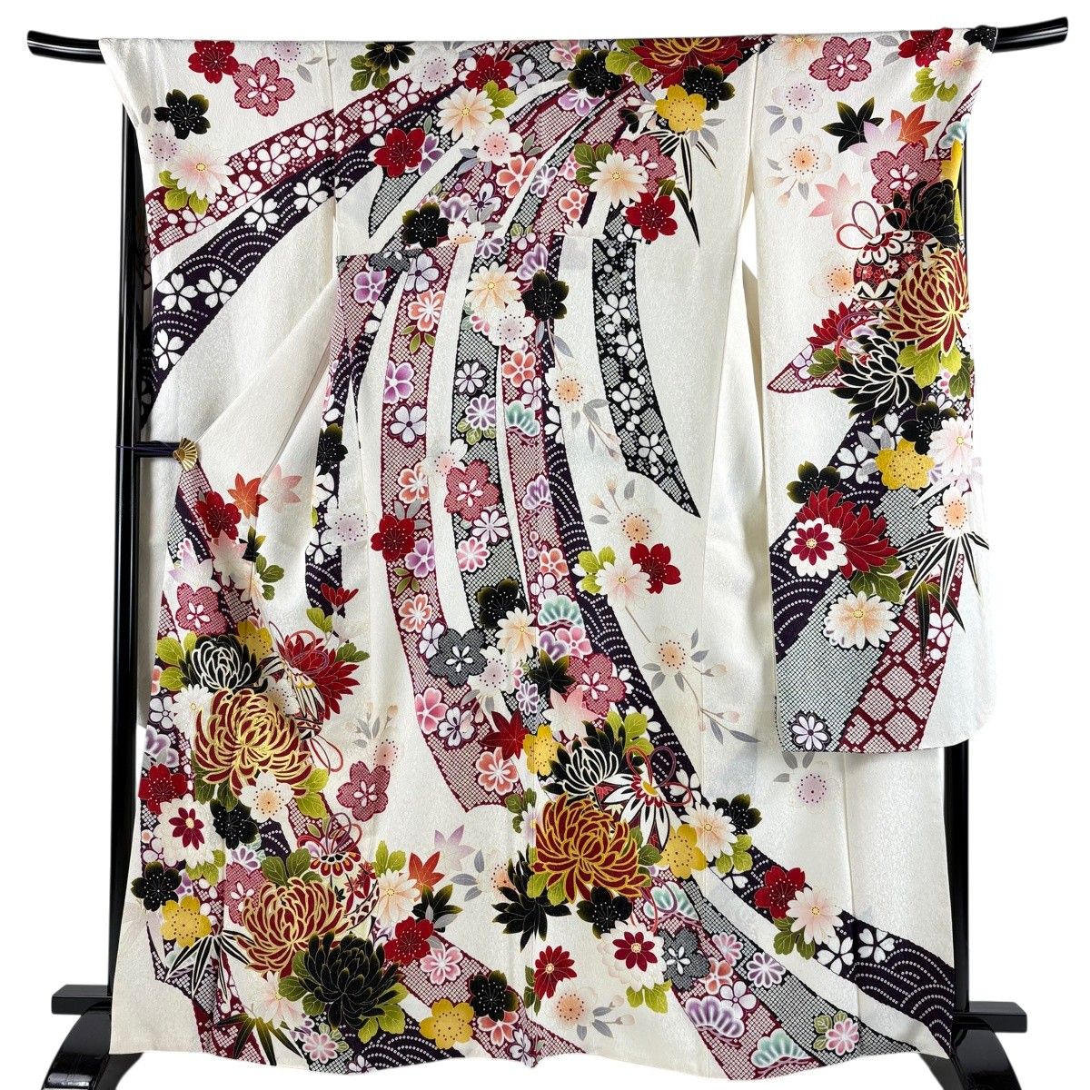 【美品】 振袖 身丈165cm 裄丈71cm L 袷 乱菊 手鞠 銀通し 金糸 クリーム 正絹 名品 【中古】