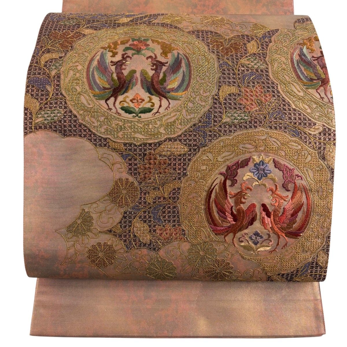 【美品】 袋帯 秀品 向かい鳥 草花 金糸 汕頭刺繍 赤茶 お太鼓柄 正絹 【中古】