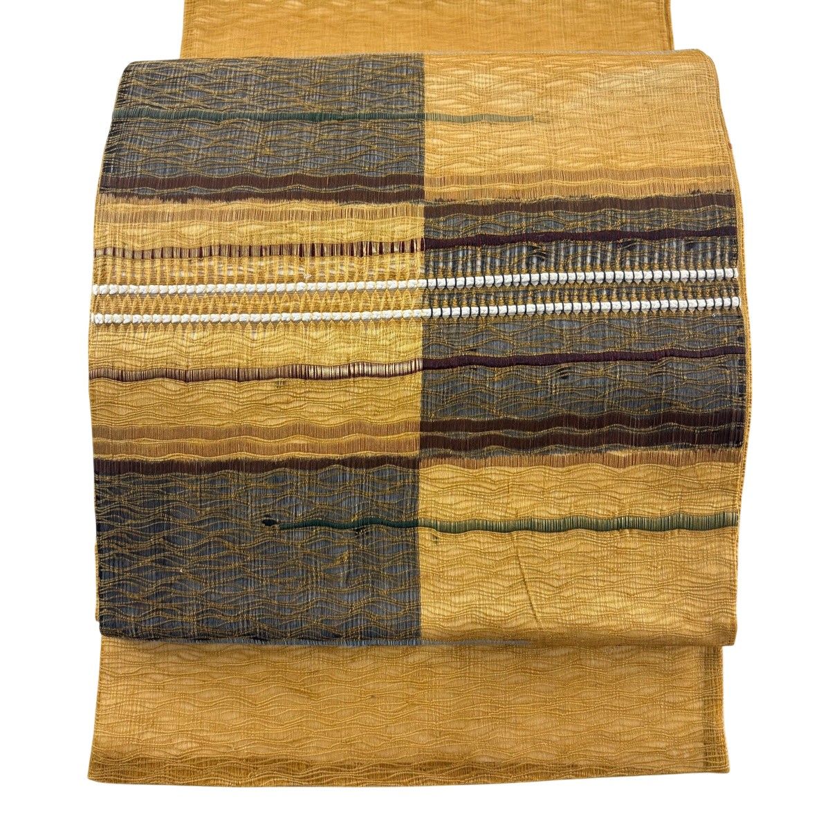 袋帯 秀品 夏帯 段縞 幾何学 山吹茶色 お太鼓柄 正絹 【中古】