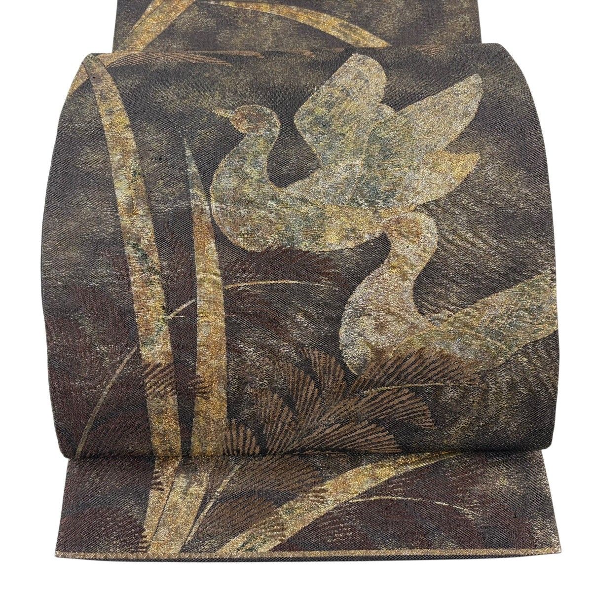 【美品】 袋帯 秀品 落款 関西仕立て 鳥 草花 箔 金糸 焦茶色 六通 正絹 【中古】