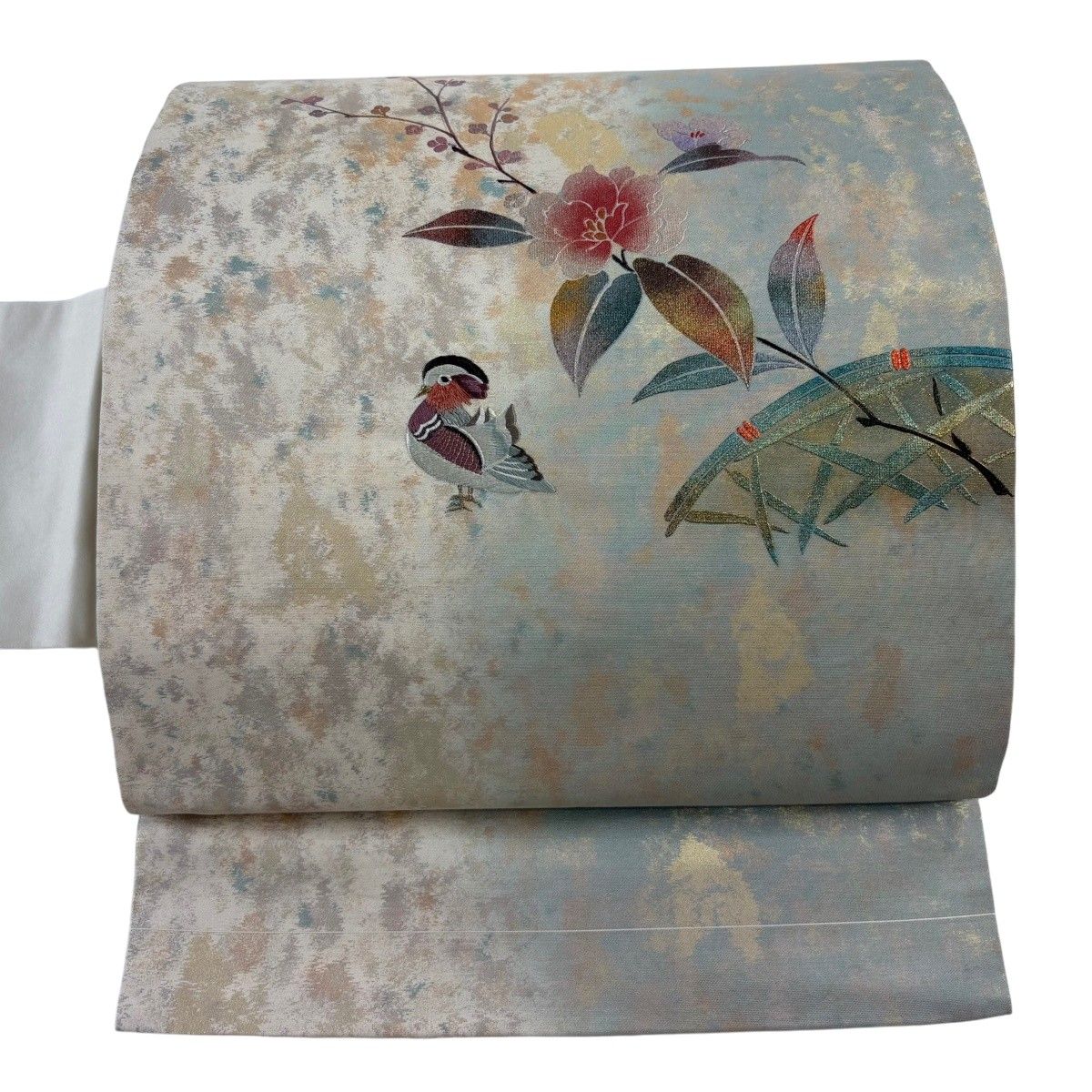 【美品】 名古屋帯 秀品 関西仕立て 枝花 鴛鴦 刺繍 箔 ベージュ 正絹 【中古】