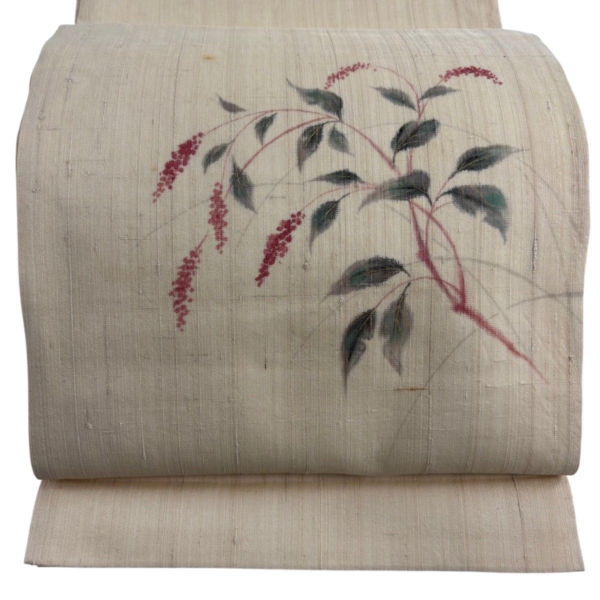 開き名古屋帯 秀品 夏帯 草花 ベージュ 正絹 【中古】