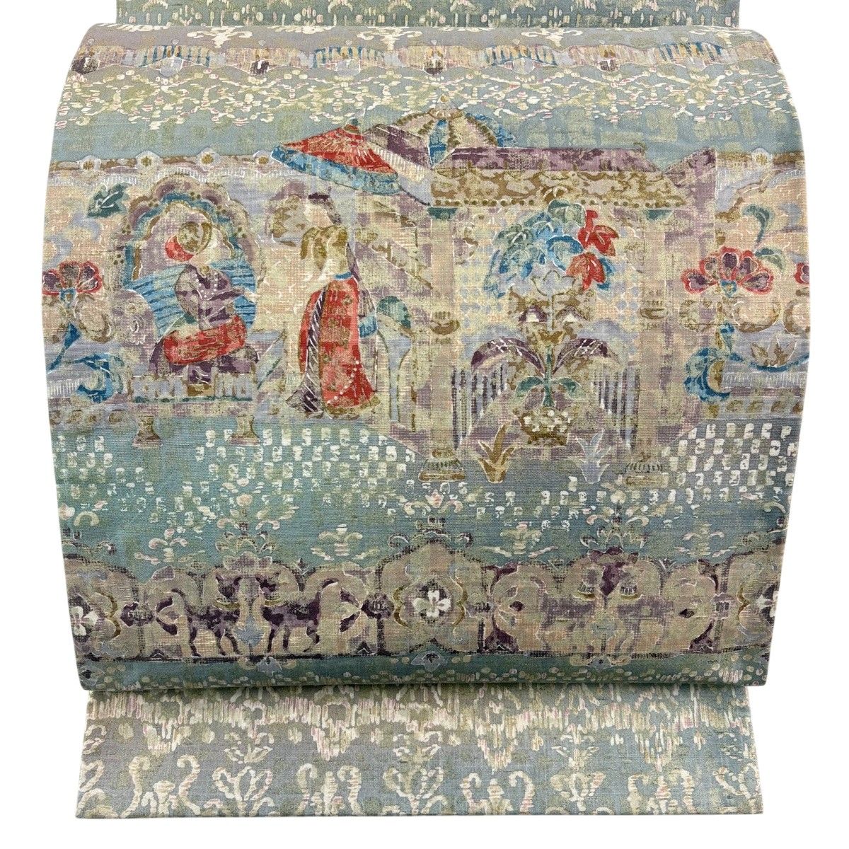 【美品】 袋帯 秀品 紬地 人物 草花 金銀彩 灰緑 お太鼓柄 正絹 【中古】 6,864円