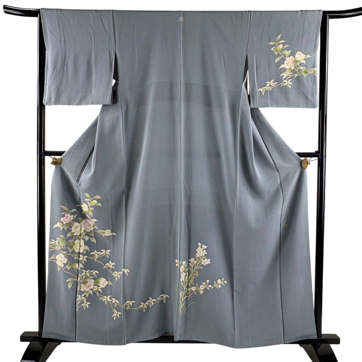 訪問着 身丈159cm 裄丈64cm M 袷 落款 枝花 ぼかし 青灰色 正絹 秀品 一つ紋 【中古】