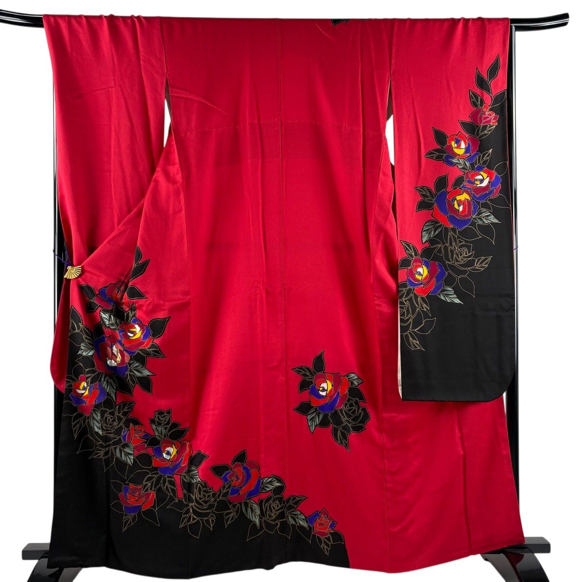【美品】 振袖 身丈163cm 裄丈68.5cm L 袷 薔薇 金銀彩 染め分け 茜色 正絹 秀品 【中古】 8,968円