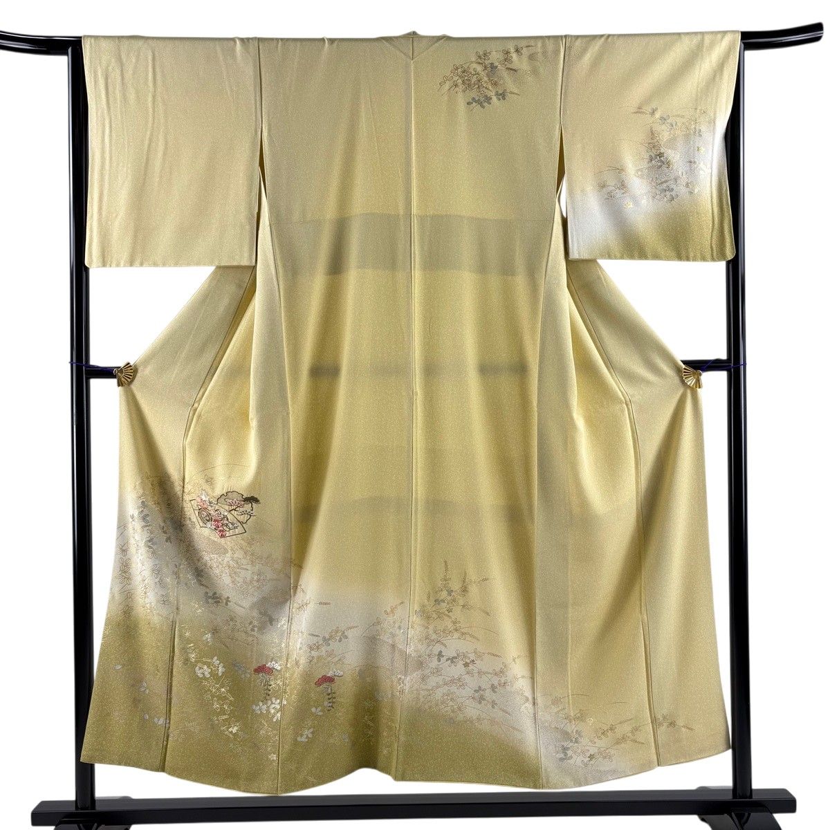 訪問着 身丈152.5cm 裄丈64.5cm M 袷 扇面 花車 刺繍 金糸 ベージュ 正絹 秀品 【中古】 6,688円