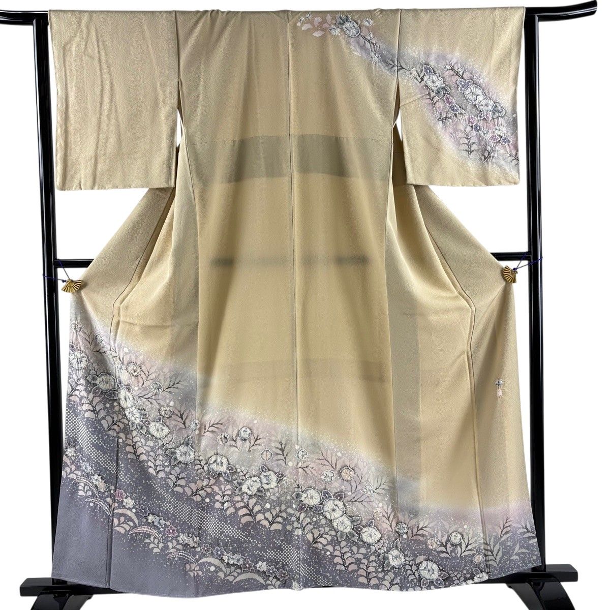 【美品】 訪問着 身丈161cm 裄丈63.5cm S 袷 落款 辻が花 霞 ぼかし 染め分け ベージュ 正絹 秀品 【中古】