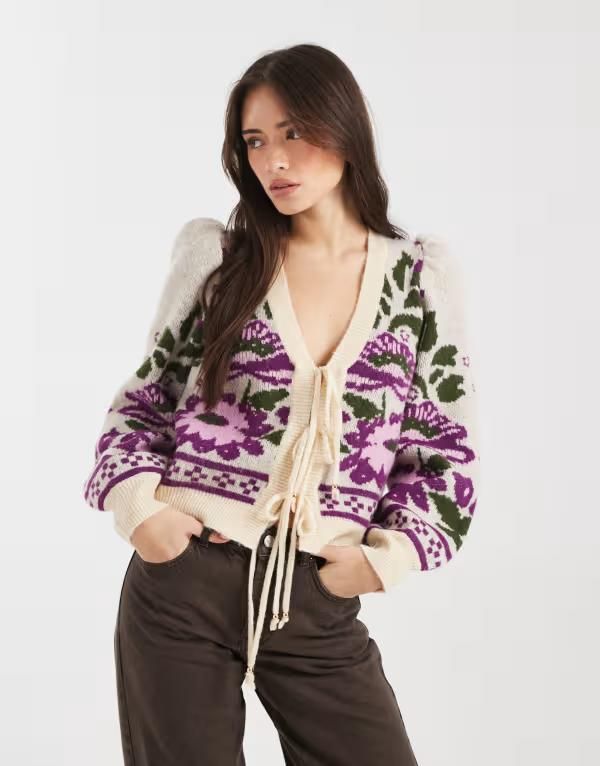 ミスセルフフリッジ レディース アウター カーディガン フラワー柄 フラワー Misselfridge puff sleeve floral tie front cardigan in multi マ