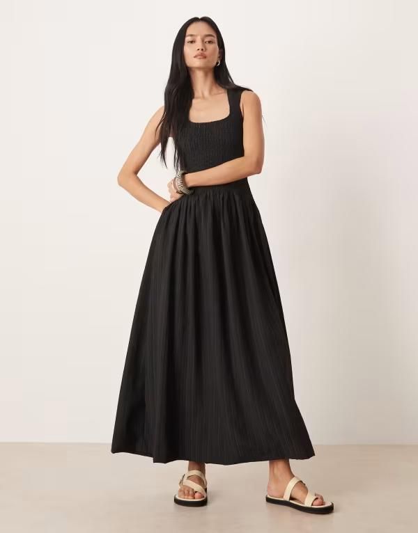 エイソス レディース トップス ワンピース マキシ ASOS DESIGN crinkle scoop neck maxi dress with shirred waist Black ブラック