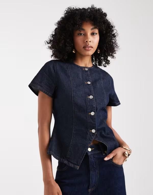 エイソス レディース トップス Tシャツ デニム ASOS DESIGN denim button up short sleeve top indigo rinse INDIGO インディゴ