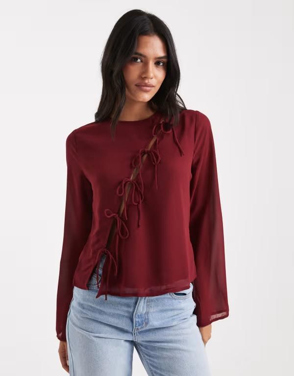 オンリー レディース トップス Tシャツ タイディテール アシンメトリー ONLY asymmetric tie detail top Burgundy バーガンディ