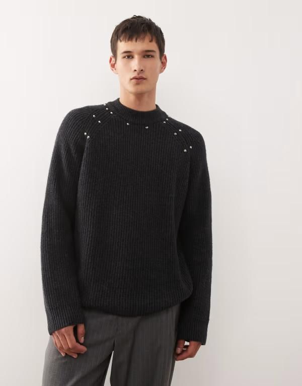 ウィークデイ メンズ アウター ニット・セーター ウール Weekday wool blend sweater with studetail Black ブラック