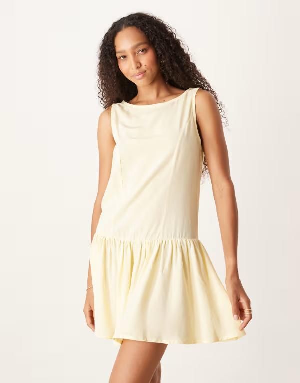 エイソス レディース トップス ワンピース ミニワンピース ミニ リネン ASOS DESIGN linen look dropped waist mini dress in buttermilk B