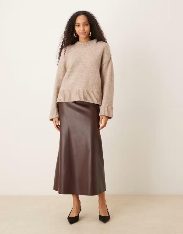 ジェイディーワイ レディース ボトムス スカート レザー フェイクレザー JDY faux leather midaxi skirt in chocolate BROWN ブラウン