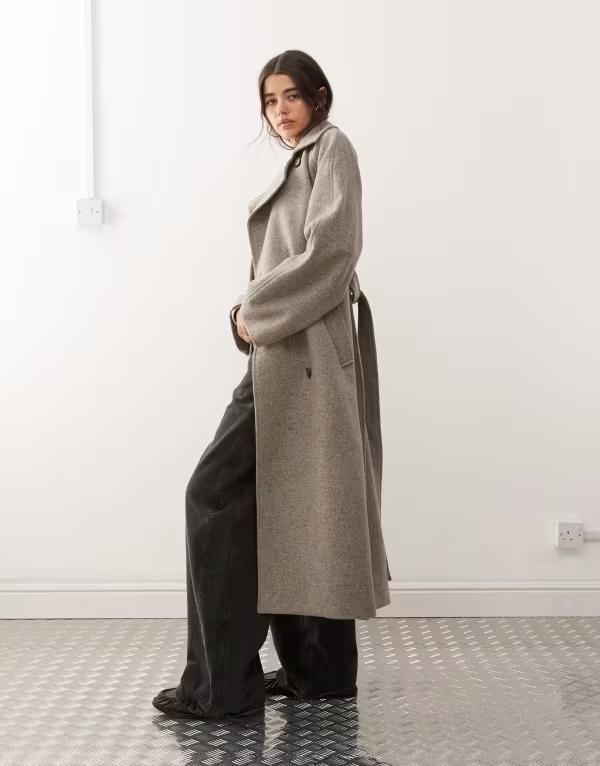 ウィークデイ レディース アウター コート ウール Weekday Kia wool blend oversized coat with tie waist detail in mole melang