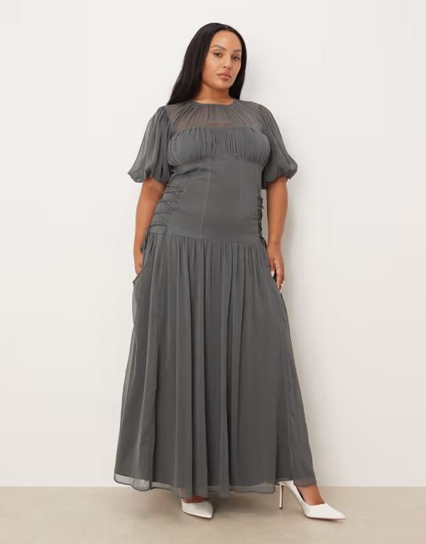エイソス レディース トップス ワンピース シフォン マキシワンピース マキシ ASOS Curve ASOS DESIGN Curve puff sleeve chiffon maxi dress 19,485円