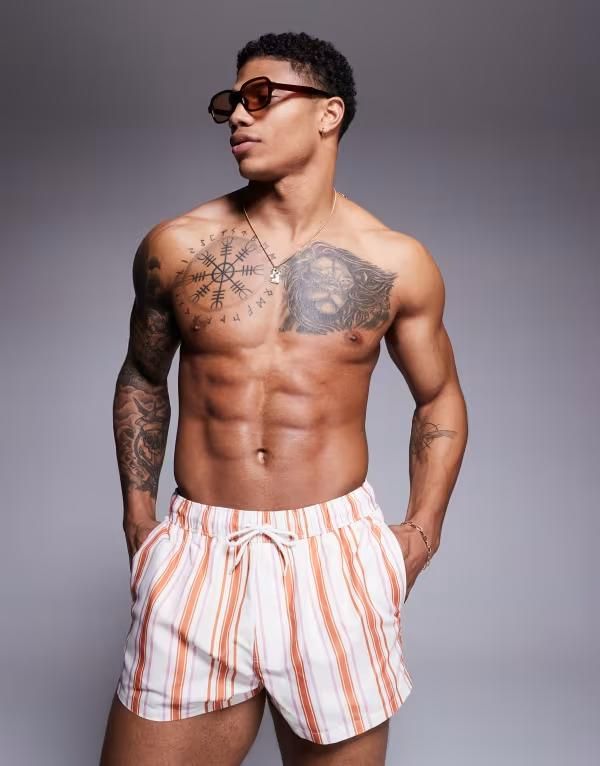 エイソス メンズ 水着 ハーフパンツ・ショーツ ショートパンツ ASOS DESIGN swim shorts in supershort length and orange stripe White