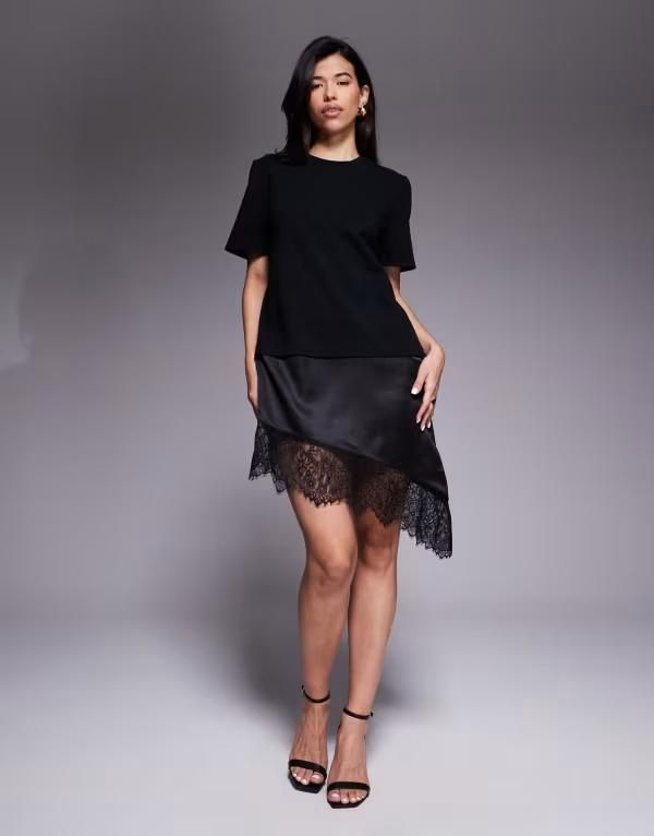 エイソス レディース トップス ワンピース ミニ Tシャツ レース ASOS DESIGN tshirt hybrid mini dress with lace hem Black ブラック 13,831円