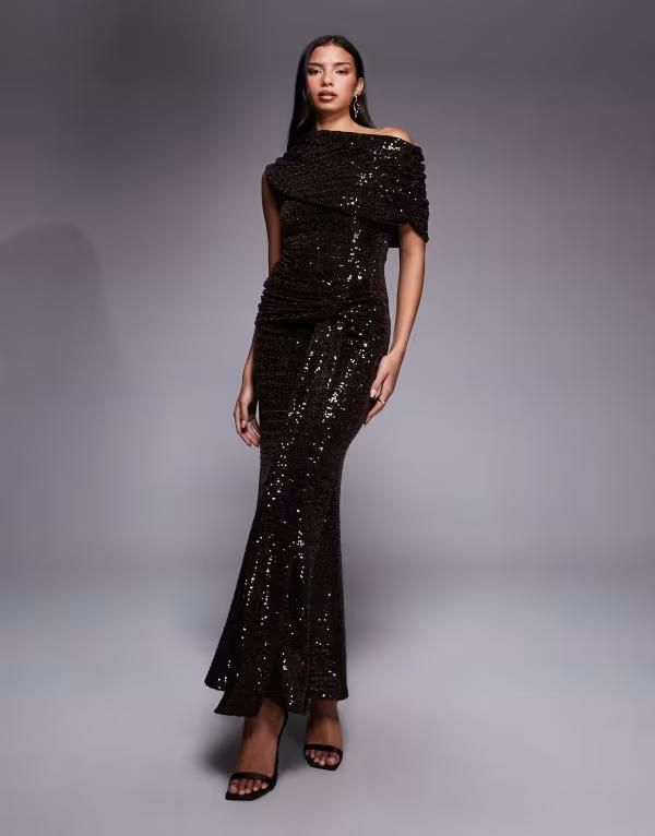 エイソス レディース トップス ワンピース ドレープ ギャザー スパンコール マキシ ASOS DESIGN sequin extreme ruched bodice maxi dress with