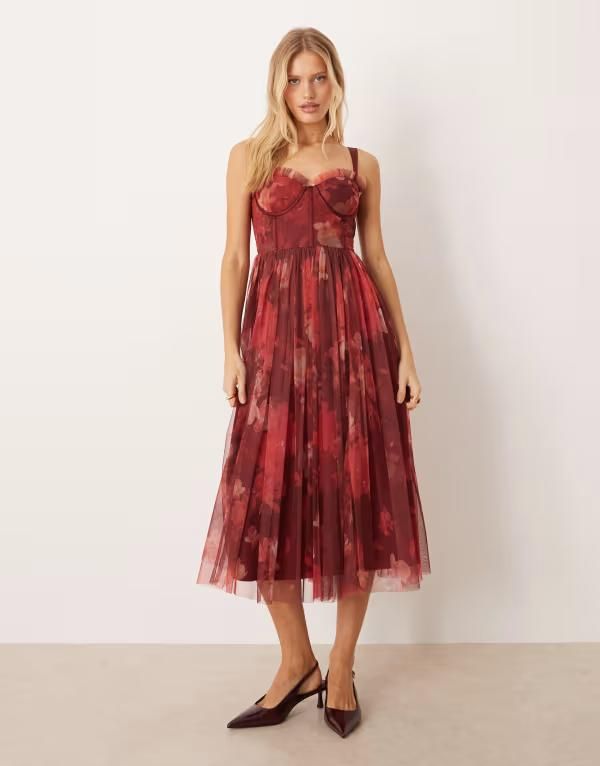 レース アンド ビーズ レディース トップス ワンピース チュール フラワー柄 ミディ フラワー Lace Beads tulle corset midi dress in deep red rose