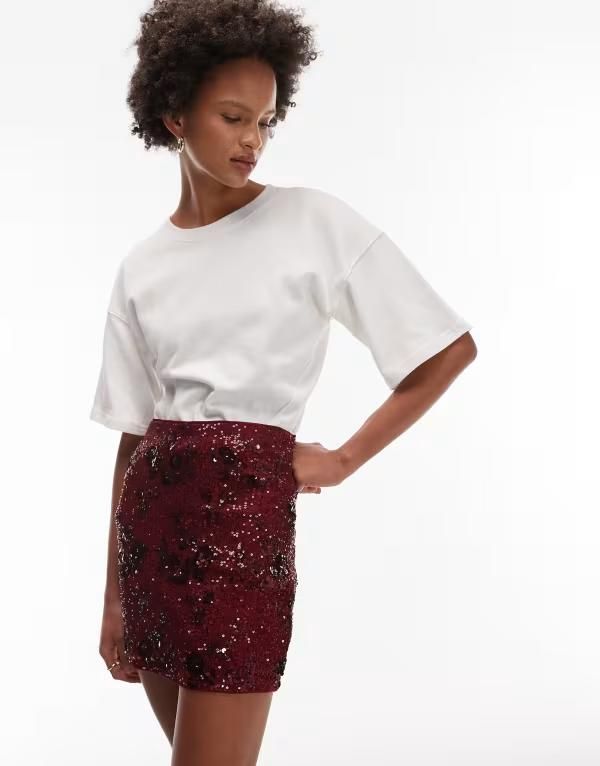 エイソス レディース ボトムスカート フラワー柄 ミニ スパンコール フラワー ASOS DESIGN florallover sequins mini skirt Burgundy バーガンディ
