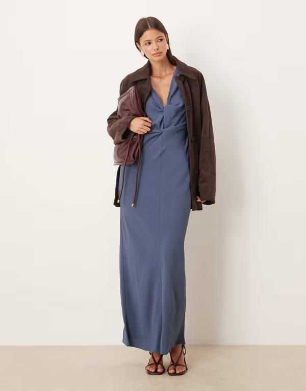 エイソス レディース トップス ワンピース ミディワンピース ドレープ ミディ デニム ASOS DESIGN draped knot front midi dress in denim Denim