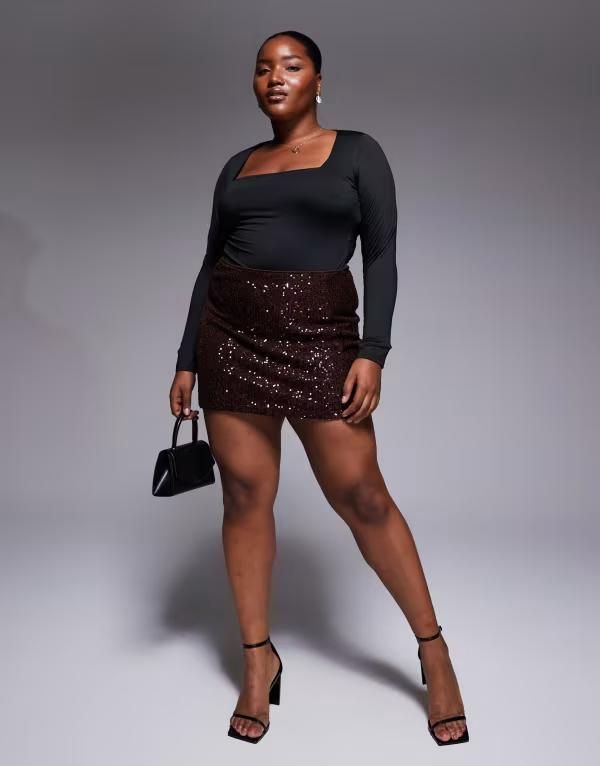 エイソス レディース ボトムスカート ミニ スパンコール ASOS Curve ASOS DESIGN Curve allover sequin mini skirt in chocolate チョコ 10,345円