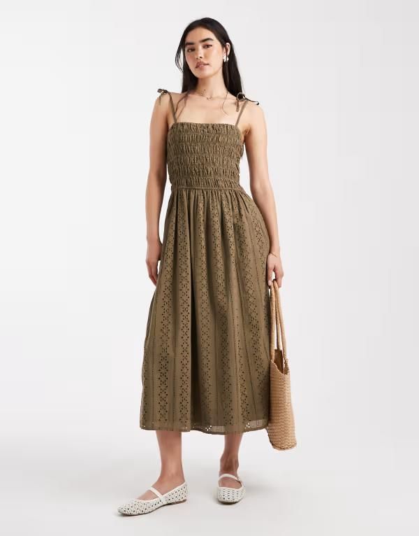 ミスセルフフリッジ レディース トップス ワンピース マキシワンピース マキシ Miss Selfridge strappy broderie maxi dress Khaki カーキ