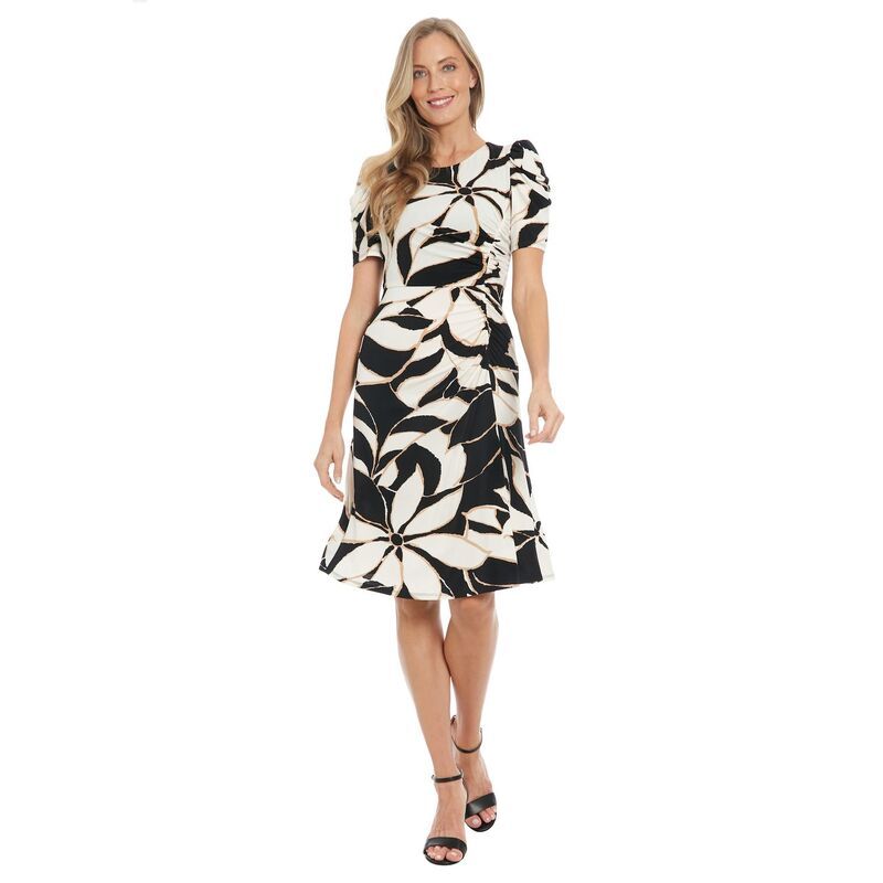 ロンドンタイムス レディース トップス ワンピース プチ ミディ Petite London Times Elbow Sleeve Cinched Midi Dress Black Tan ブラック